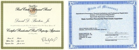 Certifications for Barton Appraisal - Kansas and Missouri